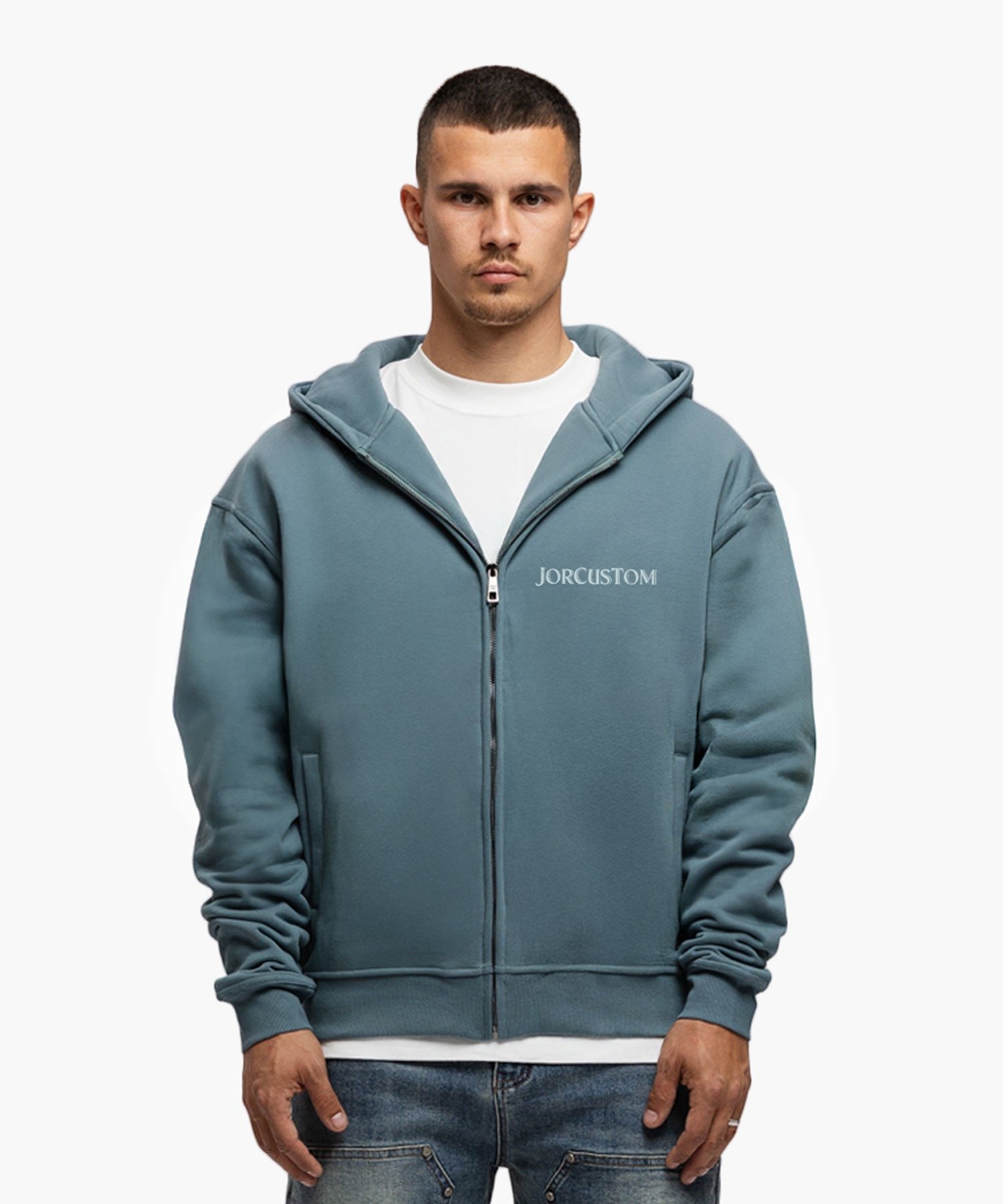 JORCUSTOM RIBBON FLEECE ZIPPED HOODIE OCEANBLUE