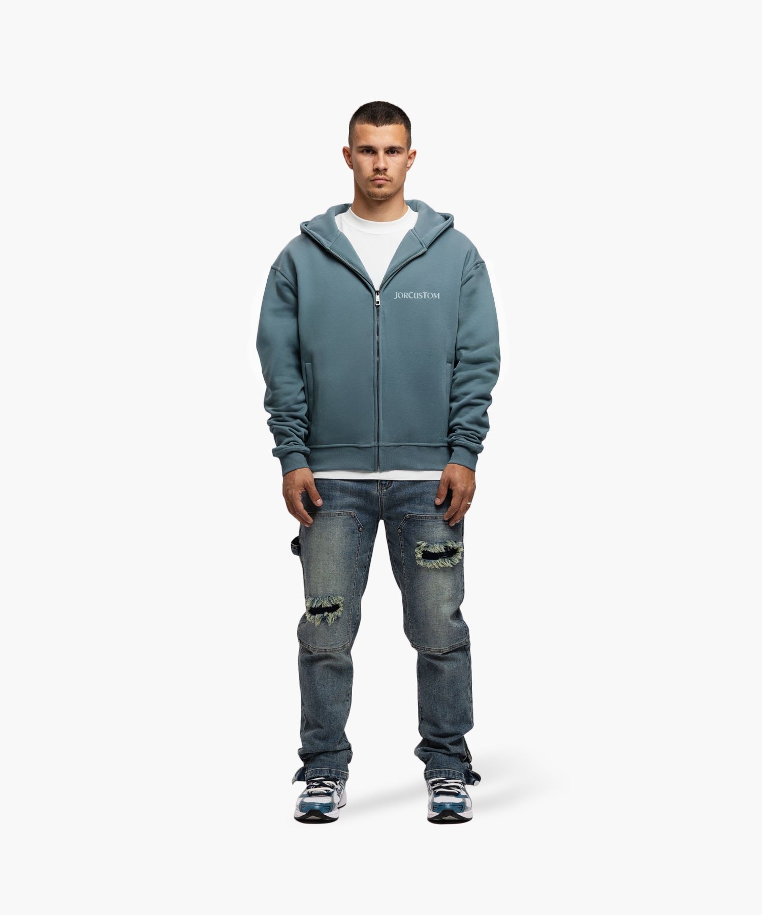 JORCUSTOM RIBBON FLEECE ZIPPED HOODIE OCEANBLUE