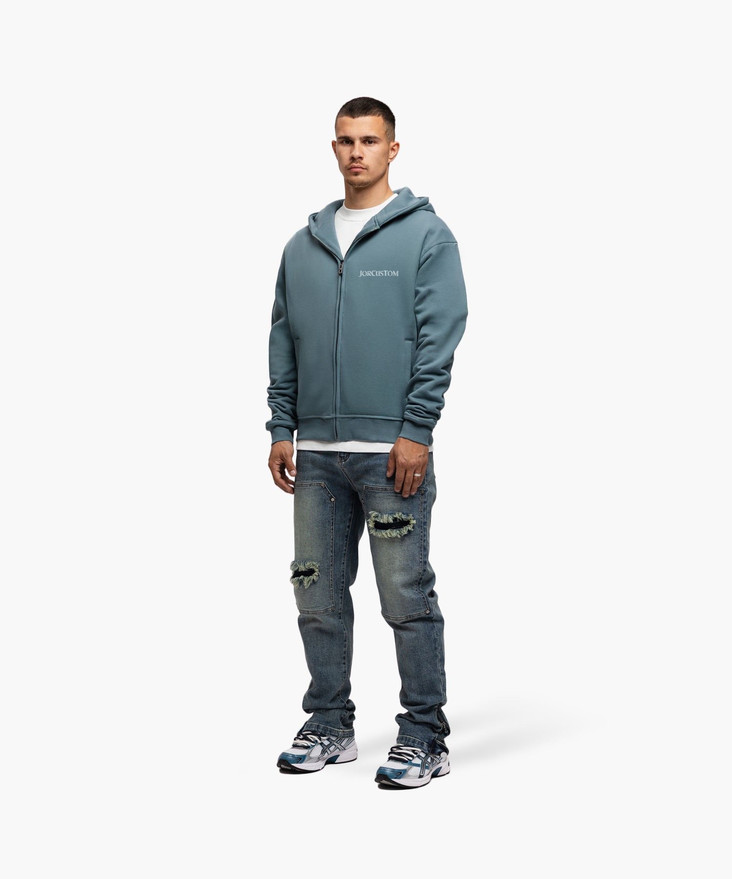 JORCUSTOM RIBBON FLEECE ZIPPED HOODIE OCEANBLUE