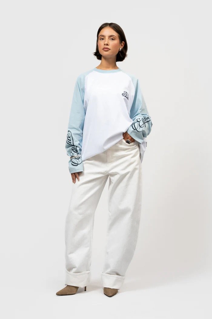 EQUALITÉ JETT RAGLAN LONGSLEEVE TEE WHITE & LIGHT BLUE